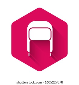 White Winter hat with ear flaps icon isolated with long shadow. Pink hexagon button. Vector Illustration