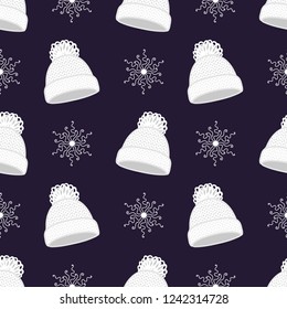 White winter hat and snowflakes. Seamless vector pattern