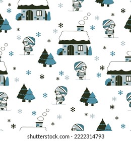 White Winter Holiday House Vector Graphic Seamless Pattern can be use for background and apparel design