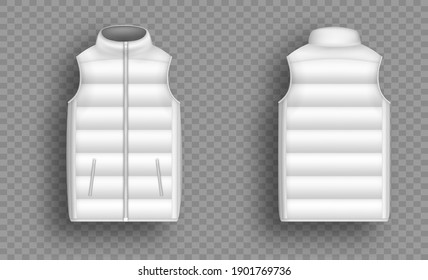 White winter puffer vest, sleeveless jacket mockup set, vector illustration isolated on transparent background. Realistic warm waistcoat, down padded vest, front and back view.