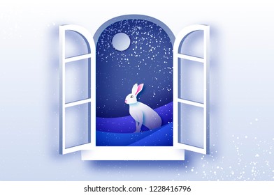 White winter Rabbit in paper cut style. Merry Christmas greetings card. Winter season holidays. Happy New Year. Blue. Snowfall and Moon. Origami window frame.