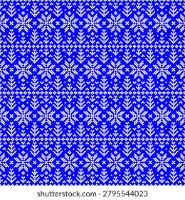 White winter seamless pattern design with abstract flowers and trees on a blue background