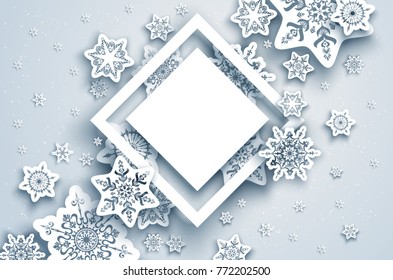 White winter snow paper cut background. Snowflakes christmas decoration and place for text to design banner, ticket, invitation, greetings, leaflet and so on. Realistic effect. Nature illustration.