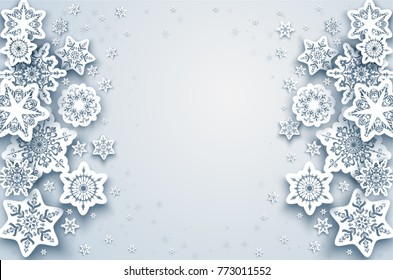 El papel de nieve del invierno blanco cortó el fondo. La decoración de navidad de los copos de nieve y lugar para el texto para el diseño de pancartas, boletos, invitación, saludos, volante, etc. Efecto realista. Ilustración de la naturaleza.