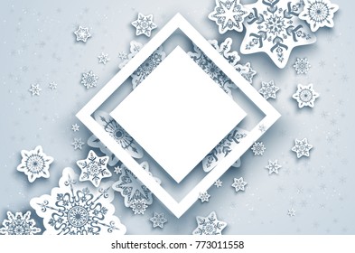 White winter snow paper cut background. Snowflakes christmas decoration and place for text to design banner, ticket, invitation, greetings, leaflet and so on. Realistic effect. Nature illustration.