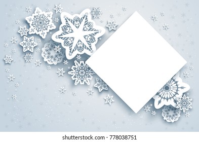 White winter snow paper cut background. Snowflakes christmas decoration and place for text to design banner, ticket, invitation, greetings, leaflet and so on. Realistic effect. Nature illustration.