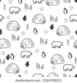 White Winter Snowy Scene Animal and Igloo Pattern. Perfect for winter-themed projects, holiday decor, children’s clothing, or stationery, this pattern brings a touch of the Arctic to any creation.