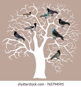 White winter tree with birds on it. Vector illustration on blue background