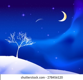 white winter tree on the snowdrift under the night sky with moon and falling star, deep blue night,