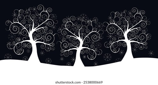 White winter trees silhouettes and snow flakes isolated on black background. Merry Christmas vector template. 