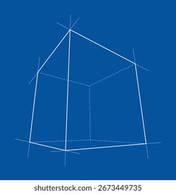 A white wireframe cube with solid and dashed lines is set against a deep blue background, creating a minimalist geometric design. 3D Illustration