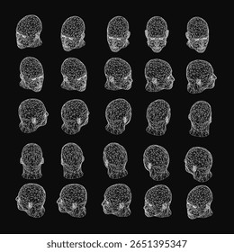 White wireframe human heads arranged in a grid pattern on a black background. Each head has a unique shape and size, creating visual diversity. The 3D effect of the wireframe makes them stand out.