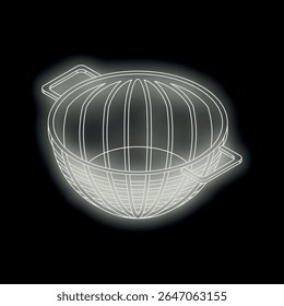 White wireframe of a metallic colander glowing on a dark background, ideal for cooking and kitchen concepts