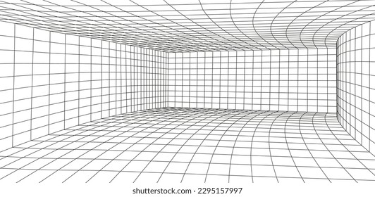 White wireframe room. Empty perspective box. Futuristic digital grid cube. Cyberspace with mesh in virtual reality. Vector illustration.