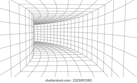 White wireframe room. Empty perspective box. Futuristic digital grid cube. Cyberspace with mesh in virtual reality. Vector illustration.