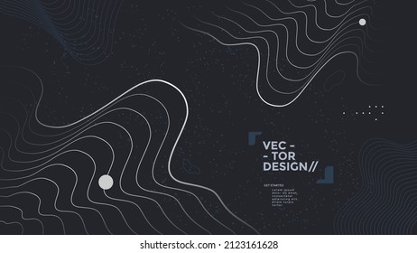 White wireframe wave with geometric shapes on black background. Abstract Futuristic design for Web Page. Vector illustration