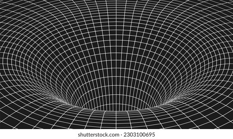 White wireframe wormhole tunnel on black background in vector. 3d abstract portal with geometric line. Geometric mesh illustration for technology presentation. Outline network pattern.