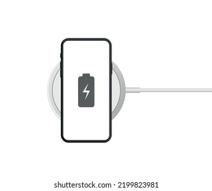 Almohadilla de carga inalámbrica blanca con smartphone aislado en fondo blanco. El teléfono está cargando. Perfecto para cualquier diseño gráfico, instrucciones, web y más. Ilustración del vector