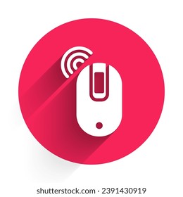 White Wireless computer mouse icon isolated with long shadow. Optical with wheel symbol. Red circle button. Vector Illustration