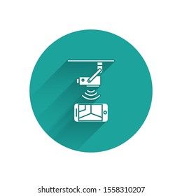 White Wireless Controlling CCTV security camera with smartphone icon isolated with long shadow. IOT Concept and remote home appliance. Green circle button. Vector Illustration