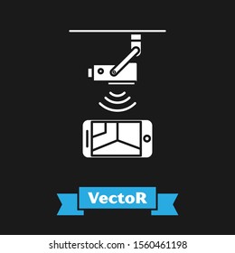 White Wireless Controlling CCTV security camera with smartphone icon isolated on black background. IOT Concept and remote home appliance.  Vector Illustration