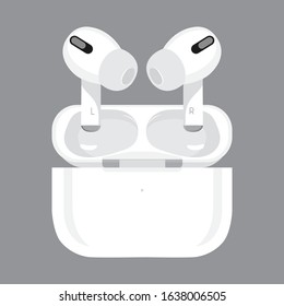 White wireless earbud headphones and Wireless charging case on gray background.