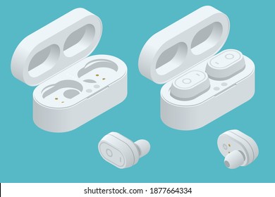 White Wireless Earphones and Case isolated on a white background. Bluetooth headphones in isometric design. Bluetooth headphones for listen audio