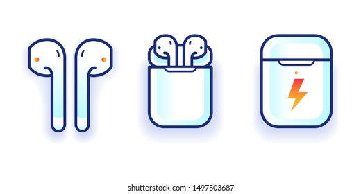White wireless earphones or headphones and white box for storage and charging simple line icons set. Headset signs. Pictograms for web page, mobile app, promo. UI UX design elements .