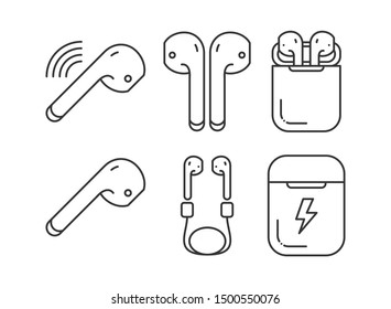 White wireless earphones or headphones and white box for storage and charging simple line icons set. Headset signs. Pictograms for web page, mobile app, promo. UI UX design elements
