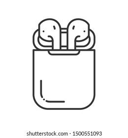 White wireless hearphones or headphones and white box for storage and charging simple line icon. Headset element sign. Pictogram for web page, mobile app, promo. UI/UX design element.