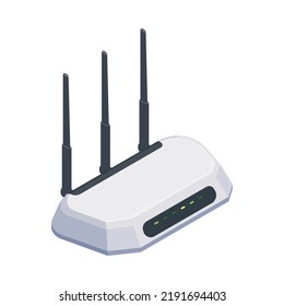 White wireless internet router with three antennae isometric icon 3d vector illustration