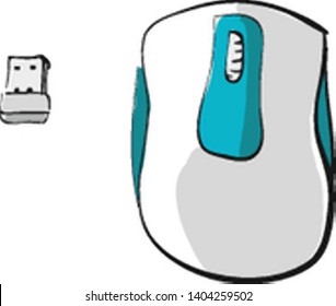 A white wireless mouse with blue accents and it's receiver, vector, color drawing or illustration. 