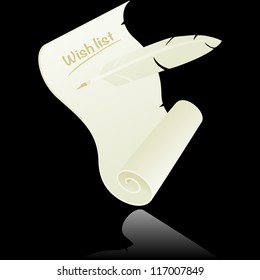 White wish list on black background with reflection