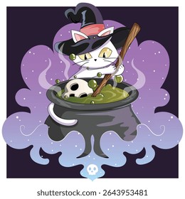 White Witch Cat Stirring Green Potion in Cauldron with Skull – Cute Halloween Cartoon Illustration