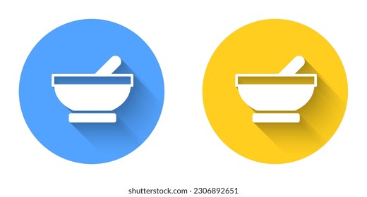 White Witch cauldron icon isolated with long shadow background. Happy Halloween party. Circle button. Vector