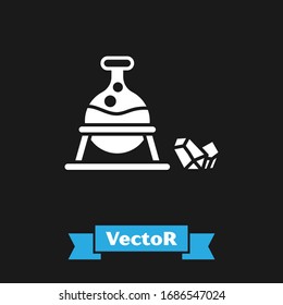 White Witch cauldron and magic stone icon isolated on black background.  Vector Illustration