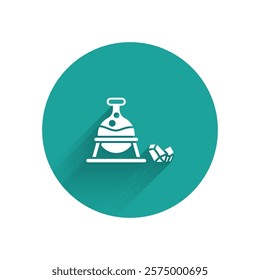 White Witch cauldron and magic stone icon isolated with long shadow. Green circle button. Vector Illustration
