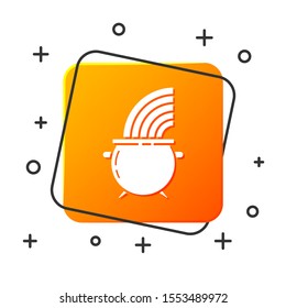 White Witch cauldron and rainbow icon isolated on white background. Happy Saint Patricks day. Orange square button. Vector Illustration