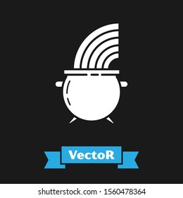White Witch cauldron and rainbow icon isolated on black background. Happy Saint Patricks day.  Vector Illustration