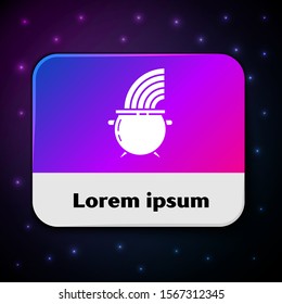 White Witch cauldron and rainbow icon isolated on black background. Happy Saint Patricks day. Rectangle color button. Vector Illustration