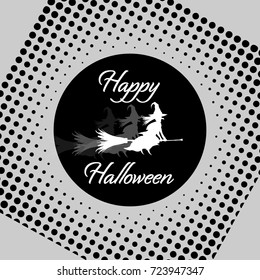 White Witch in ftont of Black Moon in Retro Style with Halftone Effect on Grey Background