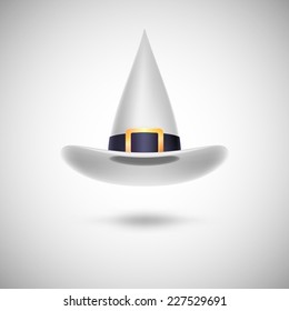 White witch hat with black strip for Halloween, isolated on white background.