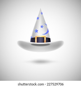 White witch hat with black strip and stars for Halloween, isolated on white background.