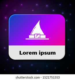 White Witch hat icon isolated on black background. Happy Halloween party. Rectangle color button. Vector Illustration