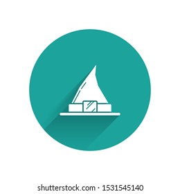 White Witch hat icon isolated with long shadow. Happy Halloween party. Green circle button. Vector Illustration