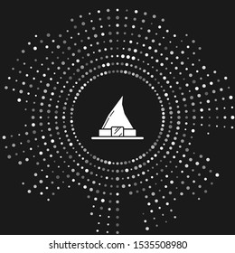 White Witch hat icon isolated on grey background. Happy Halloween party. Abstract circle random dots. Vector Illustration
