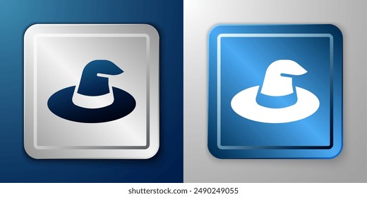 White Witch hat icon isolated on blue and grey background. Happy Halloween party. Silver and blue square button. Vector