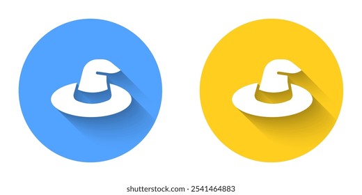 White Witch hat icon isolated with long shadow background. Happy Halloween party. Circle button. Vector