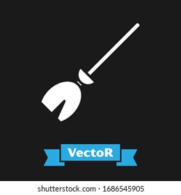 White Witches broom icon isolated on black background. Happy Halloween party.  Vector Illustration