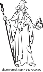 White Wizard Medieval Fantasy Line Art